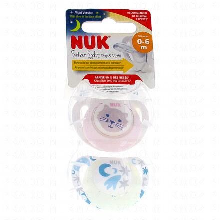 NUK Starlight Jour/nuit - Sucettes 0-6 mois x2 (chat)