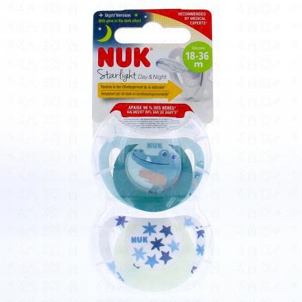 NUK Starlight Jour/nuit - Sucettes 18-36 mois x2 (crocodile bleu)