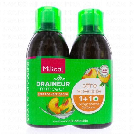 MILICAL Draineur go&ucirc;t th&eacute; vert/p&ecirc;che (lot de 2 x 500ml)
